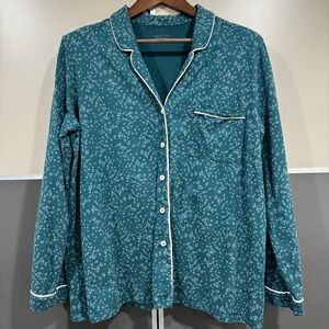 Garnet Hill Pajama Shirt Women L 100% Organic Green Cotton Teal Leopard Print
